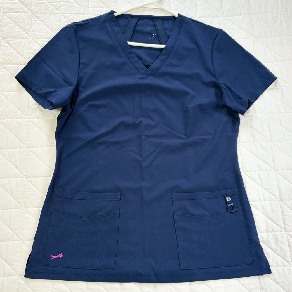 Lynx Scrub Top Small Navy Blue Stretch 4-Pocket Pink Logo #6003